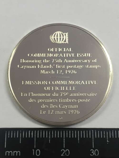 Sterling silver proof medallion honoring 75th Anniversary of Cayman islands first postage stamp 1976