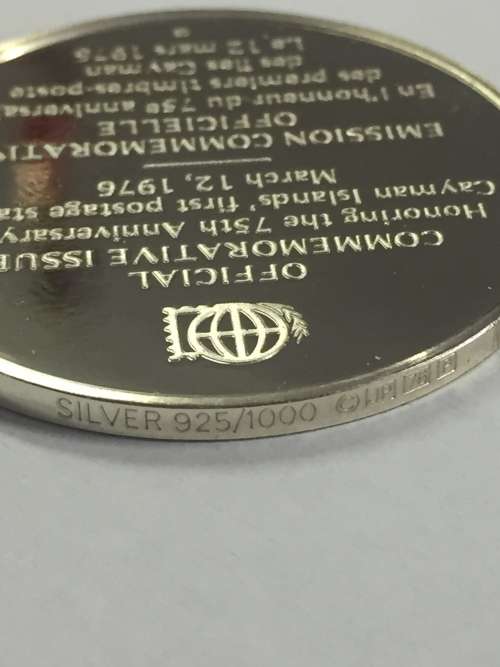 Sterling silver proof medallion honoring 75th Anniversary of Cayman islands first postage stamp 1976