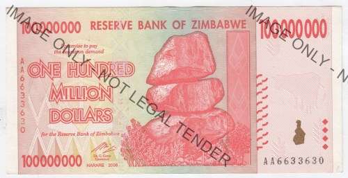 Zimbabwe One Hundred Million Dollars - 2008 note with nice number AA6633630