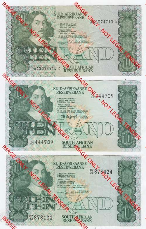 Lot of 3 R10 banknotes - TW de Jongh, GPC de Kock, CL Stals