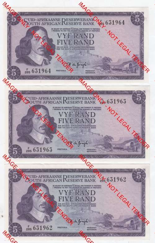 Lot of 3 TW de Jongh 3rd issue R5 notes - Consecutive numbers