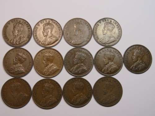 Full set of George V South African pennies - 1923 - 1936