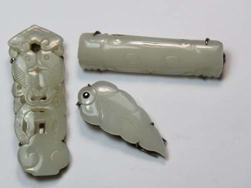 Lot of 3 white Jade and silver antique hair pins