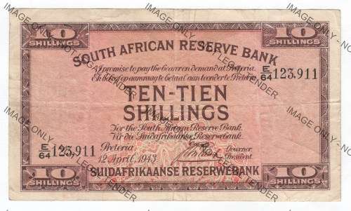 South Africa J Postmus 10 Shillings banknote - 12 April 1943