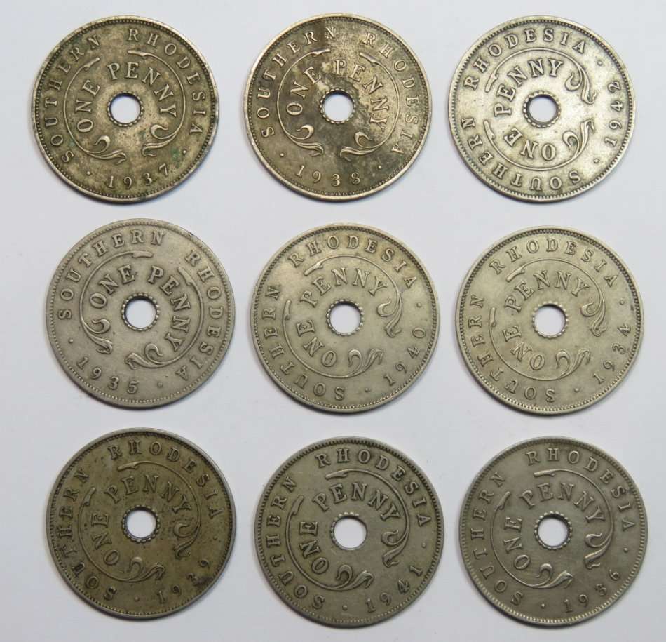 Full Set Of Southern Rhodesia Nickel Pennies 1934 Onwards