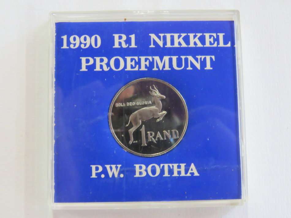 1990 RSA P.W. Botha R1 nickel proof coin