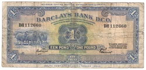 South West Africa Barclays Bank - November 1958 One Pound banknote - well used