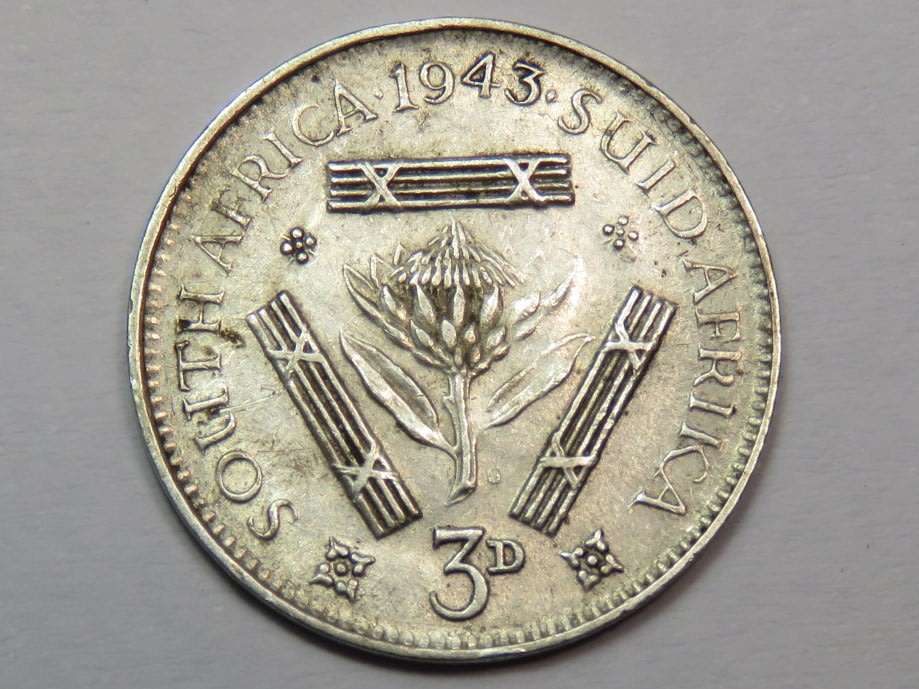 1943 tickey VF+ - Totally misaligned 43 - Some petals on right of protea missing