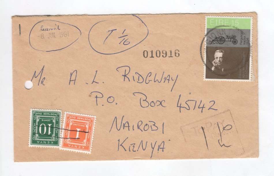 Ireland cover sent to Nairobi, Kenya with 1 Ireland stamp & 2 Kenya stamps with Tax mark