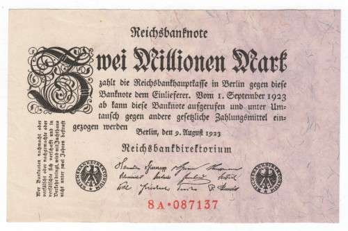 Germany 2 Million Mark - 1923 - UNC - Maeander Ribbon Watermark