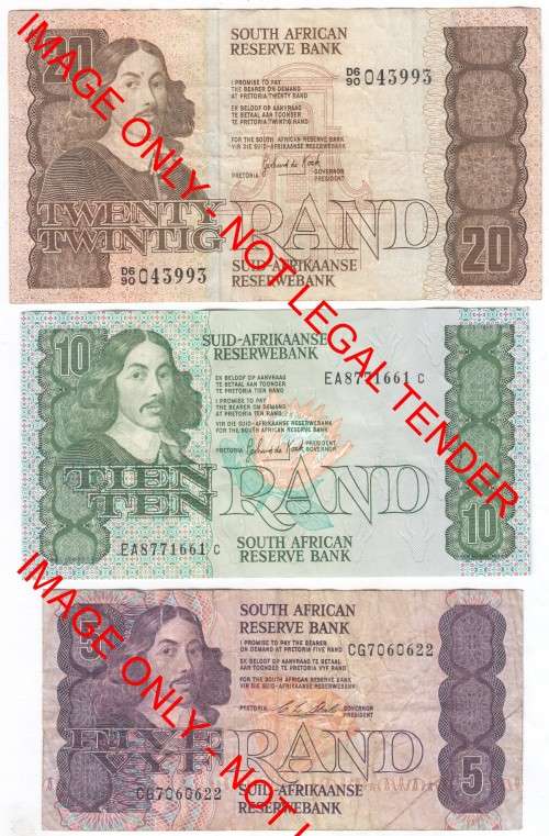 Lot of 5 old SA banknotes - R1, R2, R5, R10, R20