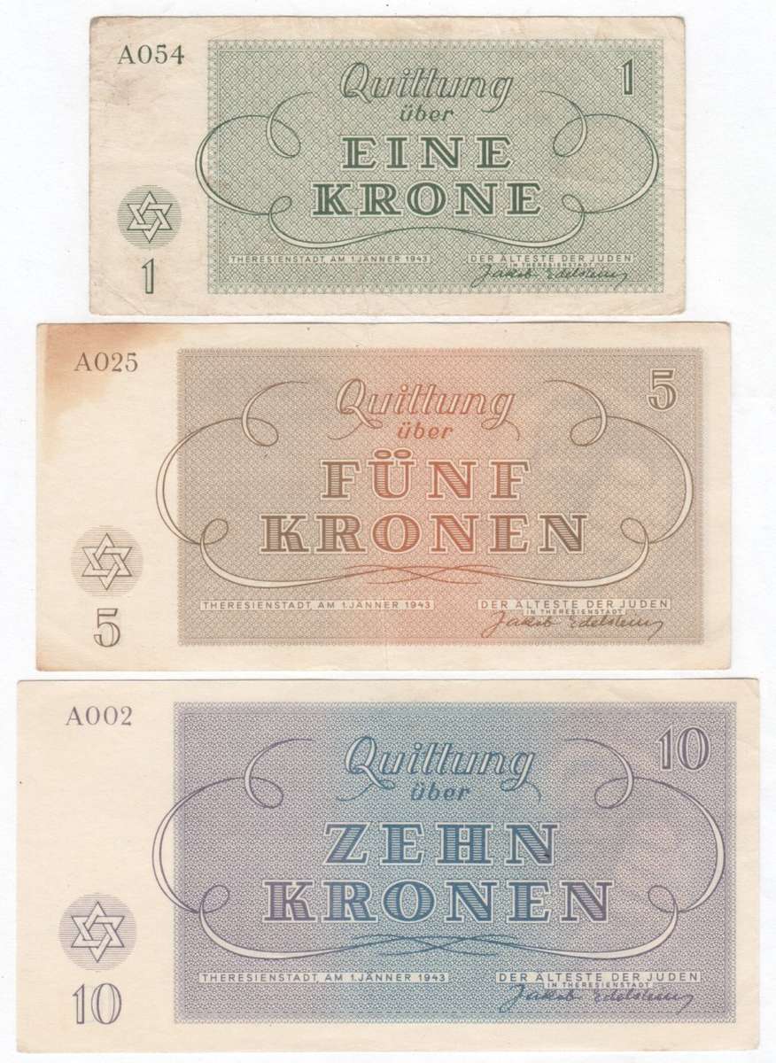 Set of WW2 Jewish Theresienstadt concentration camp money 1,5,10,20,50 and 100 Kronen