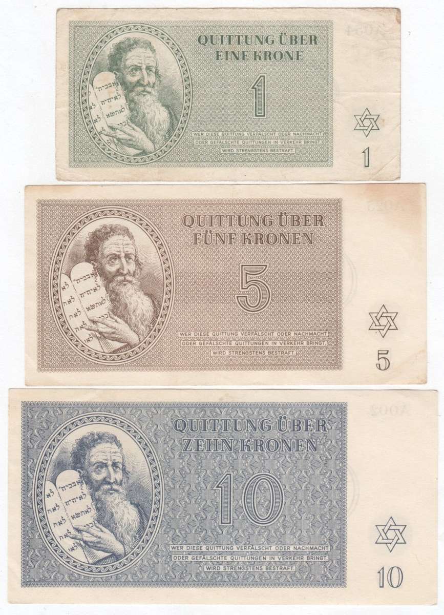 Set of WW2 Jewish Theresienstadt concentration camp money 1,5,10,20,50 and 100 Kronen
