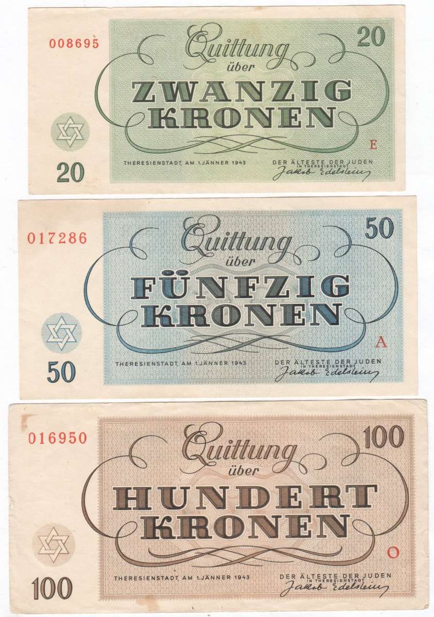 Set of WW2 Jewish Theresienstadt concentration camp money 1,5,10,20,50 and 100 Kronen