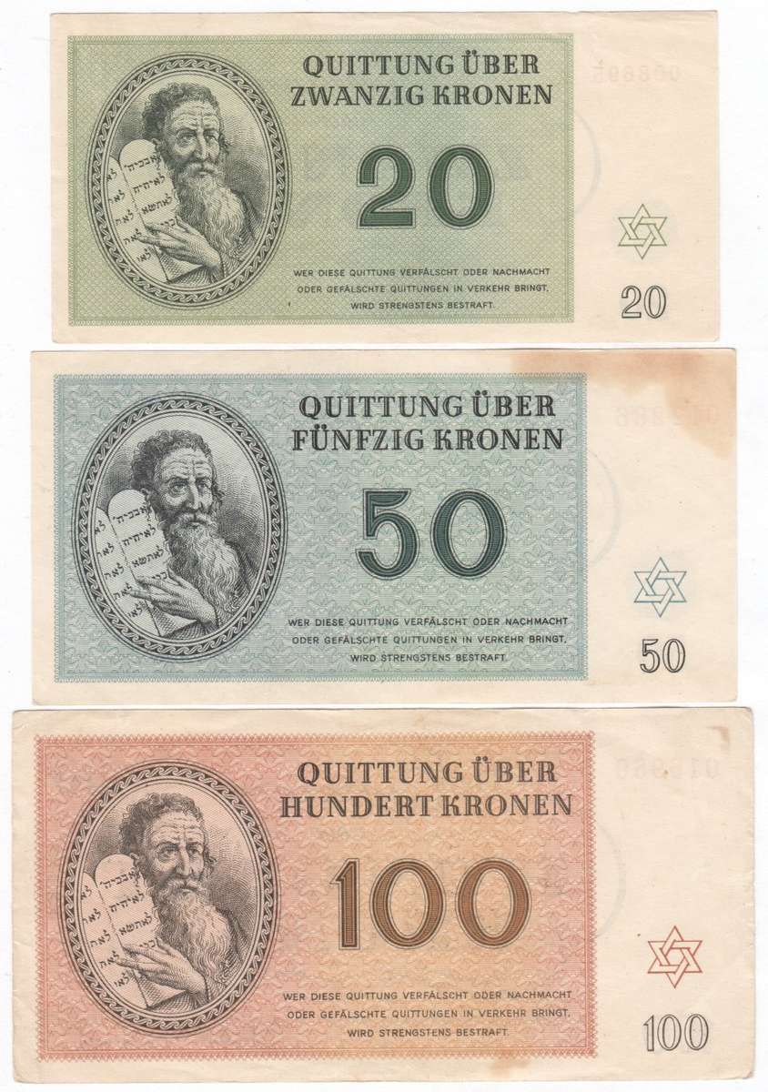 Set of WW2 Jewish Theresienstadt concentration camp money 1,5,10,20,50 and 100 Kronen