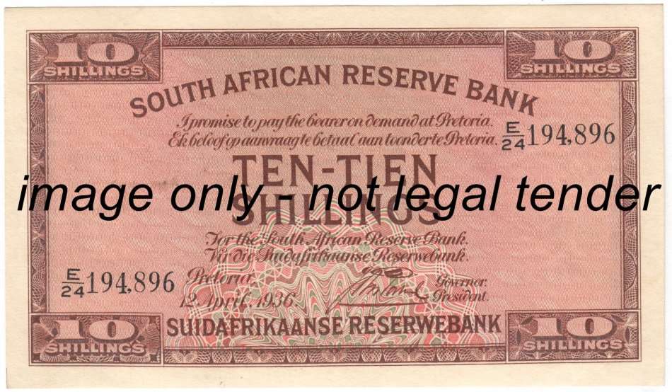 Postmus Only Issue 1936 Ten Shilling note AU+ ( Crisp Unc with indication of middle fold )