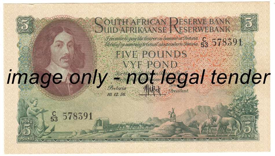 MH de Kock 1956 UNCIRCULATED 5 Pound ( 3rd Issue ) - very light folds
