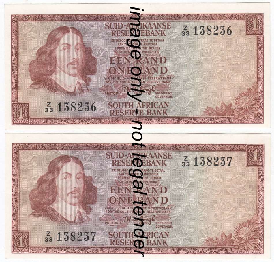 1975 TW de Jongh Replacement R1 - Z33 - 2 Consecutive numbered UNCIRCULATED notes