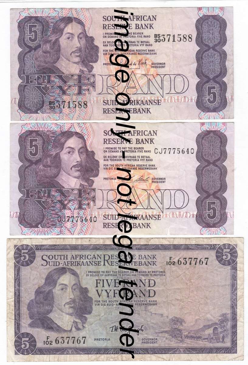 3 Different R5 notes - DE Jongh, De Kock, Stals well used - small tear in Stals note