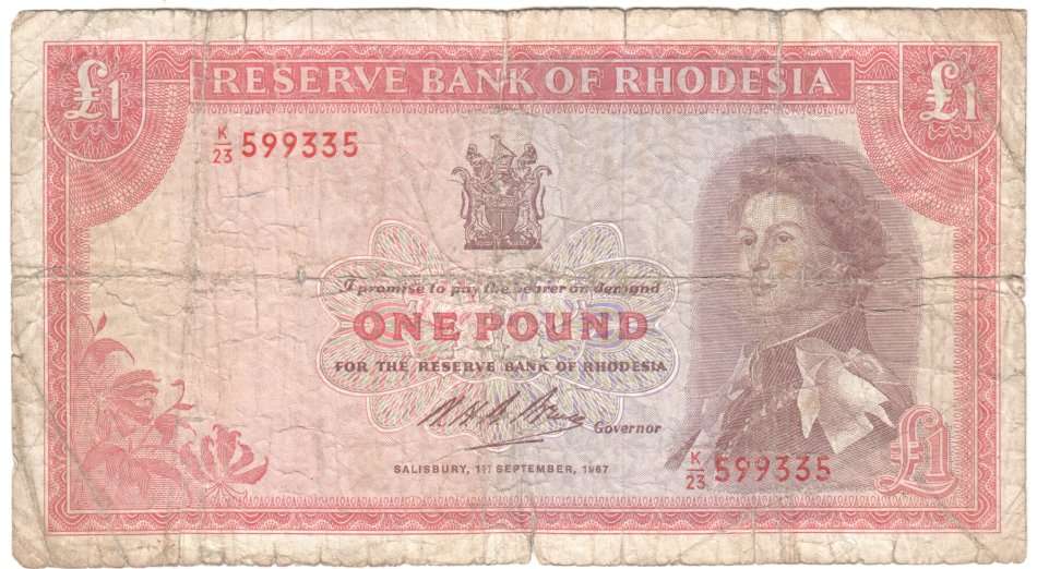Rhodesia 1967 One pond banknote - some tears