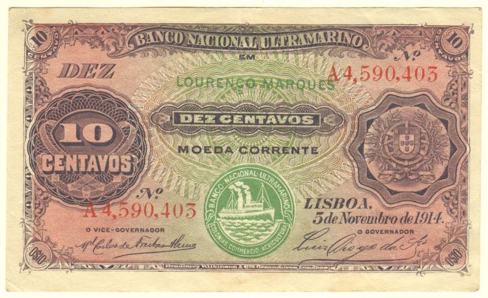 Mozambique 10 Centavos note - Violet and in VF or better condition !