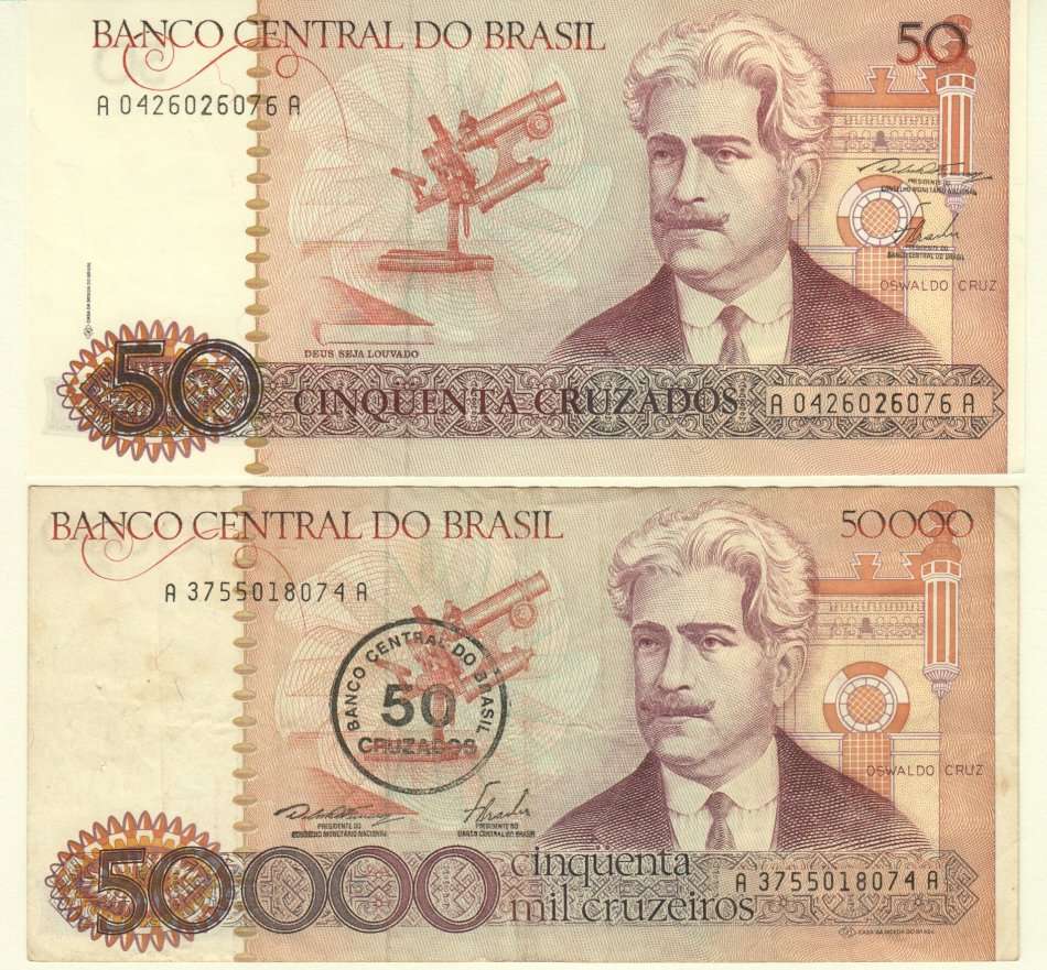 Brazil the old & the new 50 Cruzados  - 50000 Cruzeiros with overstamp - 50 Cruzados