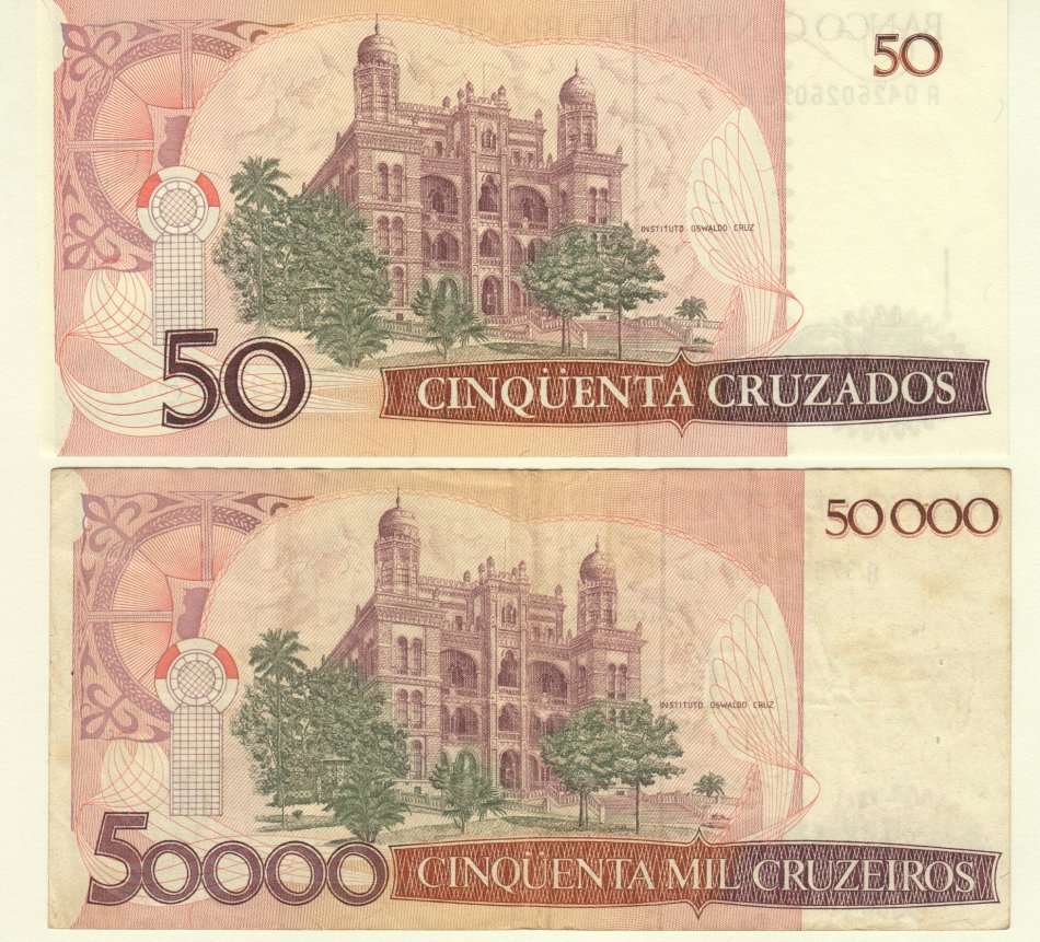 Brazil the old & the new 50 Cruzados  - 50000 Cruzeiros with overstamp - 50 Cruzados