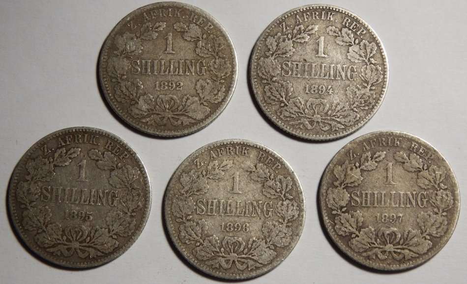 Set of ZAR Kruger 1 Shilling - 1892 to 1897 - No 1893 included