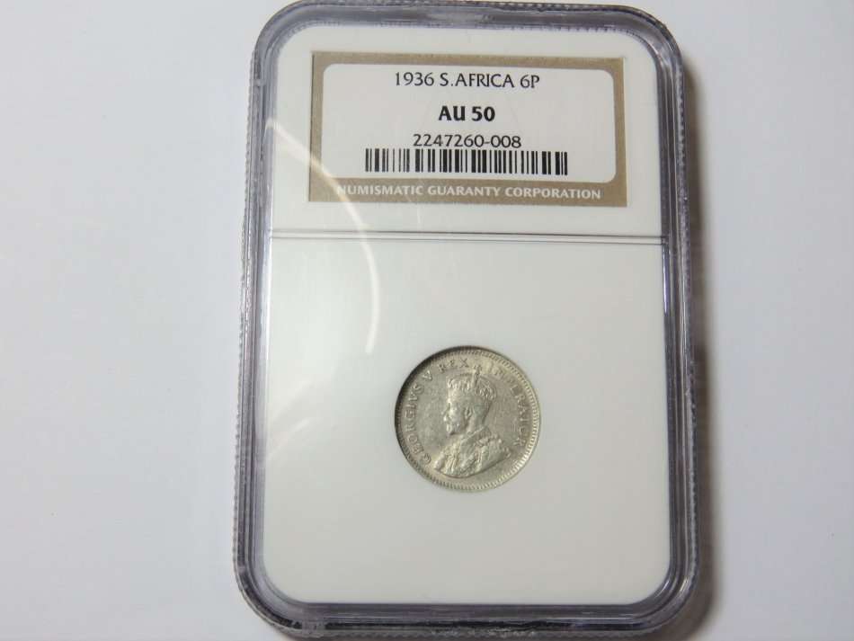 South Africa 1936 Sixpence graded AU 50 by NGC