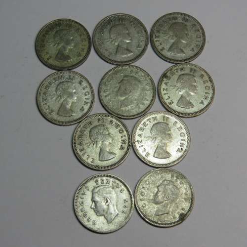 Lot of 10 South Africa Union 3d tickey coins - 1950-1959