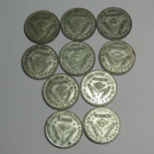 Lot of 10 South Africa Union 3d tickey coins - 1950-1959