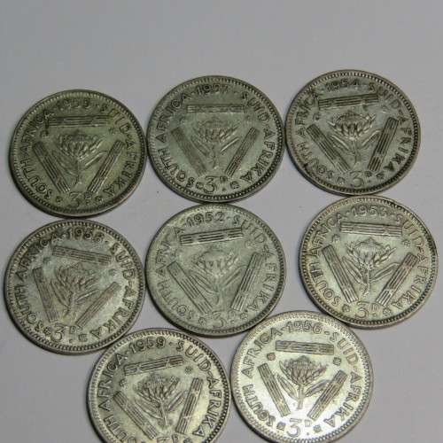 Lot of 10 South Africa Union 3d tickey coins - 1950-1959