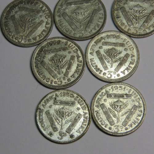 Lot of 10 South Africa Union 3d tickey coins - 1950-1959