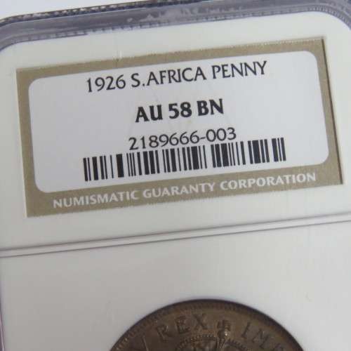 1926 SA Union penny graded AU 58 BN by NGC