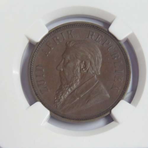 1898 ZAR Kruger penny graded AU 55 BN by NGC