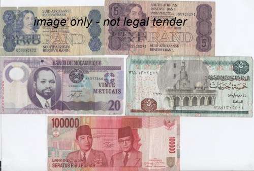 Lot of 8 World banknotes including damaged old 5 pound