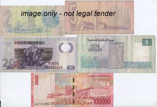 Lot of 8 World banknotes including damaged old 5 pound