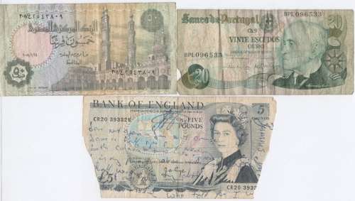 Lot of 8 World banknotes including damaged old 5 pound