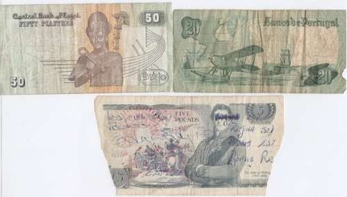 Lot of 8 World banknotes including damaged old 5 pound