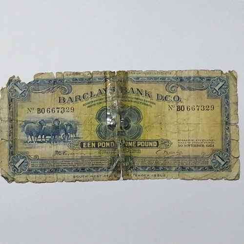South West Africa Barclays Bank one pound banknote - 30 November 1954 - well used