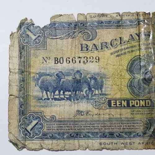 South West Africa Barclays Bank one pound banknote - 30 November 1954 - well used