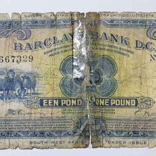 South West Africa Barclays Bank one pound banknote - 30 November 1954 - well used