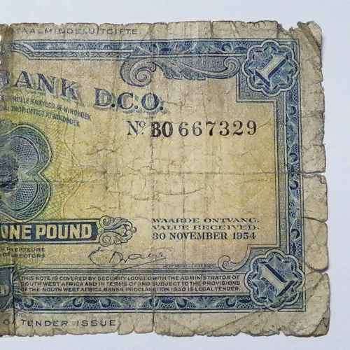 South West Africa Barclays Bank one pound banknote - 30 November 1954 - well used