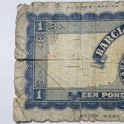 South West Africa Barclays Bank one pound banknote - 30 November 1954 - well used