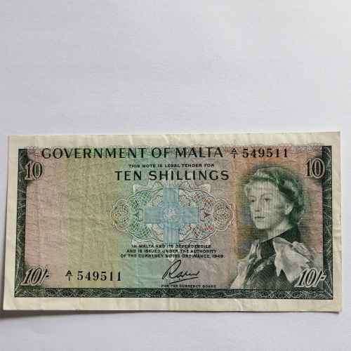 Malta 10 Shilling 1949 banknote XF with folds and creases