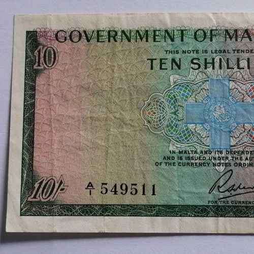 Malta 10 Shilling 1949 banknote XF with folds and creases