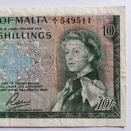 Malta 10 Shilling 1949 banknote XF with folds and creases