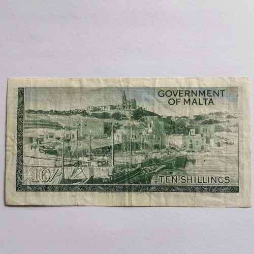 Malta 10 Shilling 1949 banknote XF with folds and creases