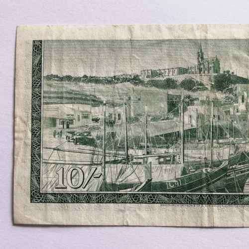 Malta 10 Shilling 1949 banknote XF with folds and creases