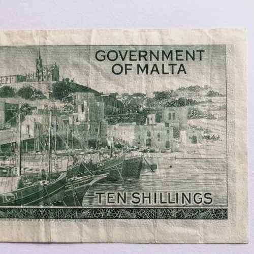 Malta 10 Shilling 1949 banknote XF with folds and creases